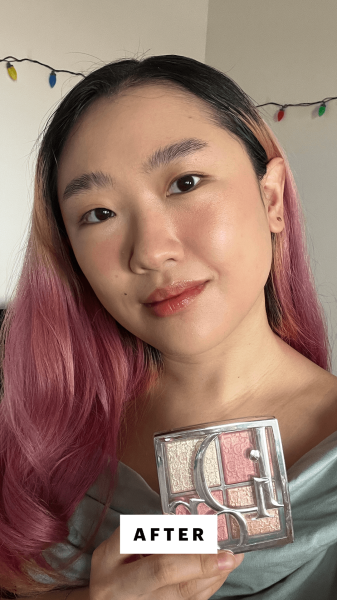 A selfie of Allure commerce editor Sarah Han after applying the Dior Backstage Glow Maximizer Palette in 003 Pearly...